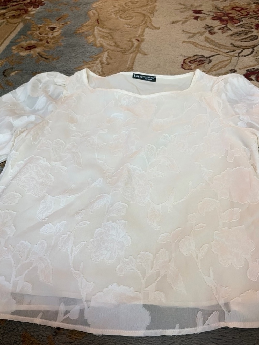 SHEIN White Floral Sheer Puff Sleeve Blouse